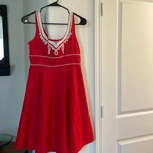Women’s summer dress, red and beige, no sleeves, zipper on side